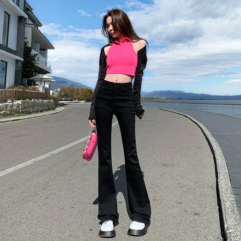 Bonnyshow -Women Spring Outfits Flare Jeans High Waist Flt Skinny Jean Femee Pants Hot Elastic Fashion Korean Y2K Denim Pant Trousers 4 Color