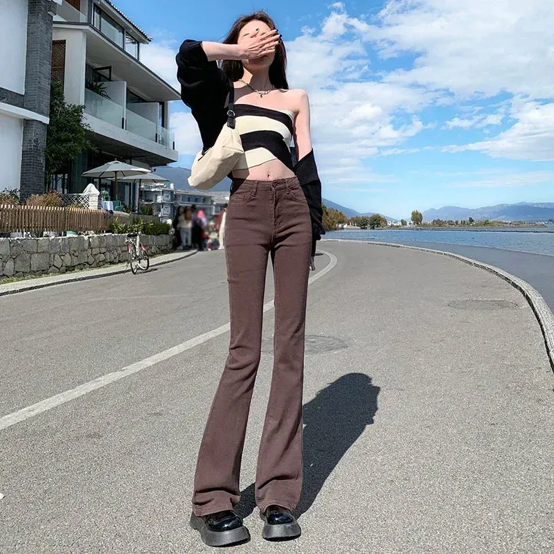 Bonnyshow -Women Spring Outfits Flare Jeans High Waist Flt Skinny Jean Femee Pants Hot Elastic Fashion Korean Y2K Denim Pant Trousers 4 Color