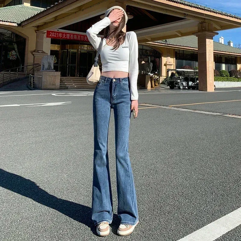 Bonnyshow -Women Spring Outfits Flare Jeans High Waist Flt Skinny Jean Femee Pants Hot Elastic Fashion Korean Y2K Denim Pant Trousers 4 Color
