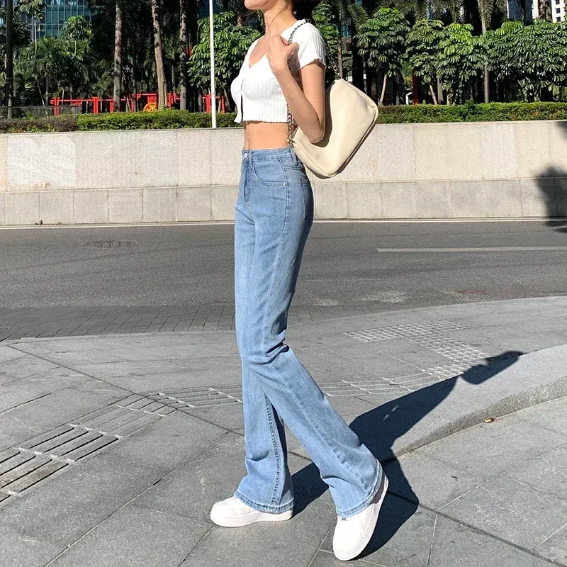 Bonnyshow -Women Spring Outfits Flare Jeans High Waist Flt Skinny Jean Femee Pants Hot Elastic Fashion Korean Y2K Denim Pant Trousers 4 Color