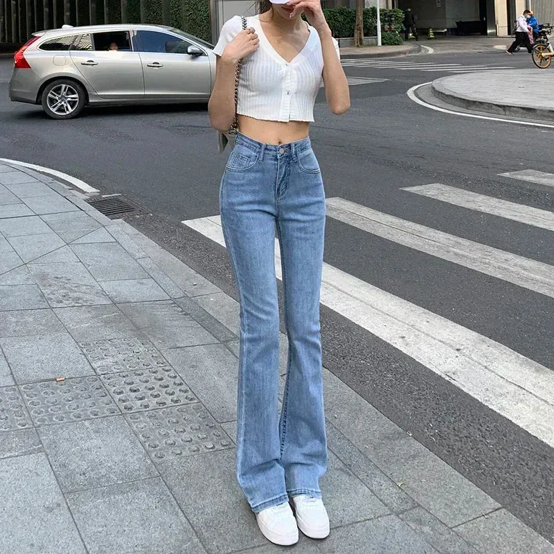 Bonnyshow -Women Spring Outfits Flare Jeans High Waist Flt Skinny Jean Femee Pants Hot Elastic Fashion Korean Y2K Denim Pant Trousers 4 Color
