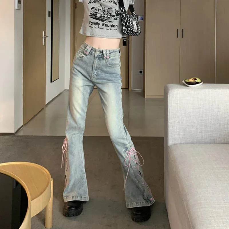 Bonnyshow Y2K High Waist Jeans Women Vintage Bandage Slit Slim Flare Denim Pants Female Korean Streetwear Casual Wide Leg Trousers
