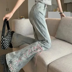 Bonnyshow Y2K High Waist Jeans Women Vintage Bandage Slit Slim Flare Denim Pants Female Korean Streetwear Casual Wide Leg Trousers