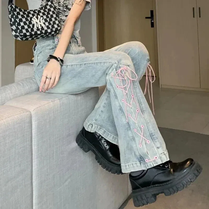 Bonnyshow Y2K High Waist Jeans Women Vintage Bandage Slit Slim Flare Denim Pants Female Korean Streetwear Casual Wide Leg Trousers