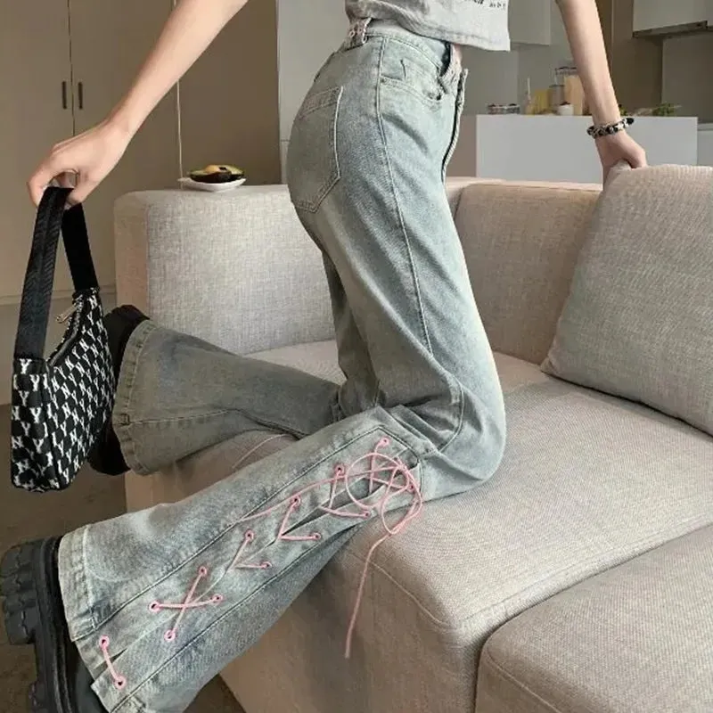 Bonnyshow Y2K High Waist Jeans Women Vintage Bandage Slit Slim Flare Denim Pants Female Korean Streetwear Casual Wide Leg Trousers