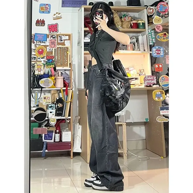 Bonnyshow Y2k Straight Denim Trousers Jeans Women Vintage 90S High Waist Loose Wide Leg Casual Long Pants Clothing Female Streetwear