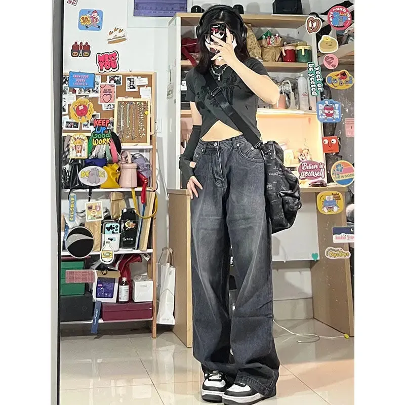Bonnyshow Y2k Straight Denim Trousers Jeans Women Vintage 90S High Waist Loose Wide Leg Casual Long Pants Clothing Female Streetwear
