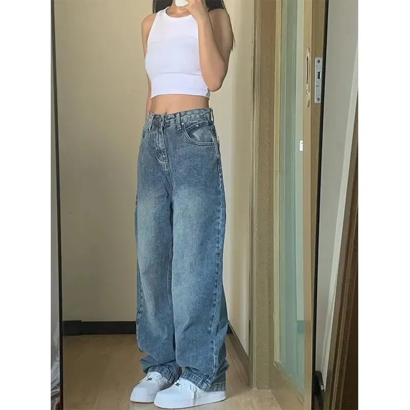 Bonnyshow Y2k Straight Denim Trousers Jeans Women Vintage 90S High Waist Loose Wide Leg Casual Long Pants Clothing Female Streetwear
