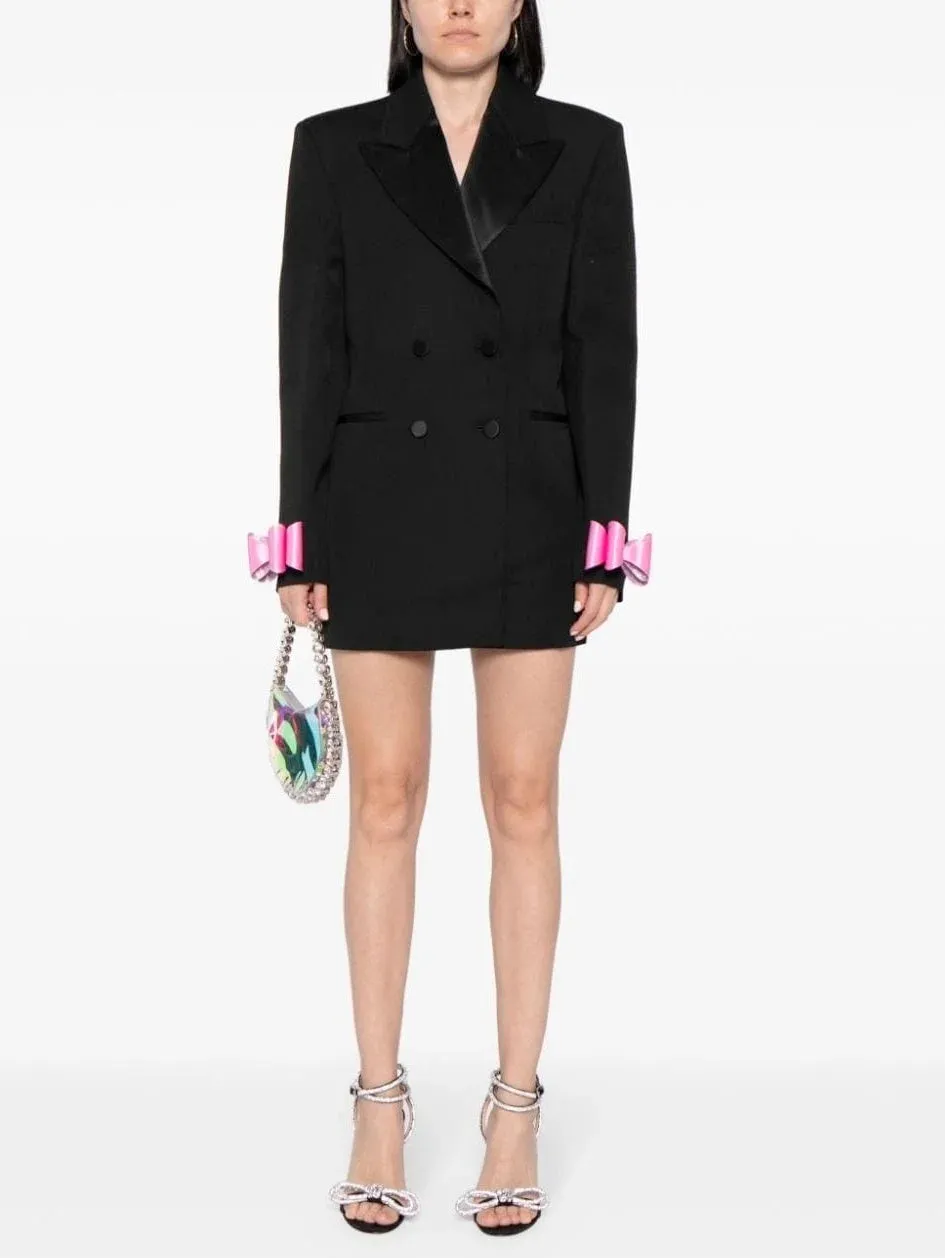 Bow-Cuff Double-Breasted Blazer Dress in Black