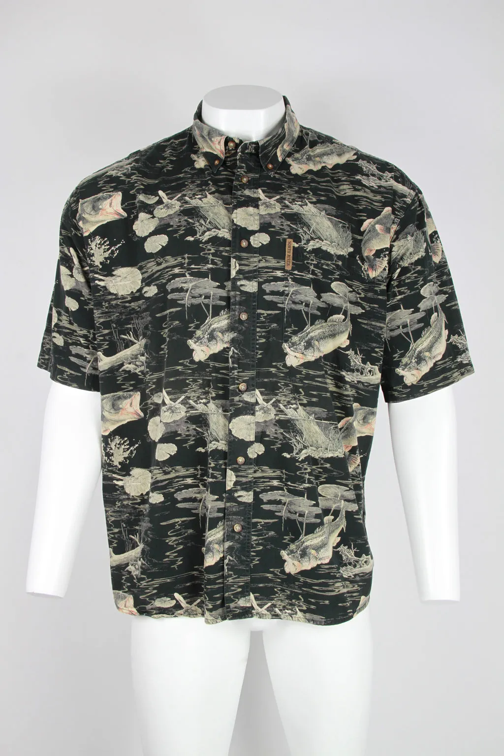 Button down Hawaiian shirt with fish & lily pond motif  -XL