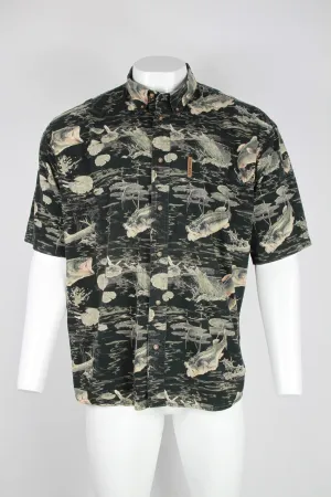 Button down Hawaiian shirt with fish & lily pond motif  -XL
