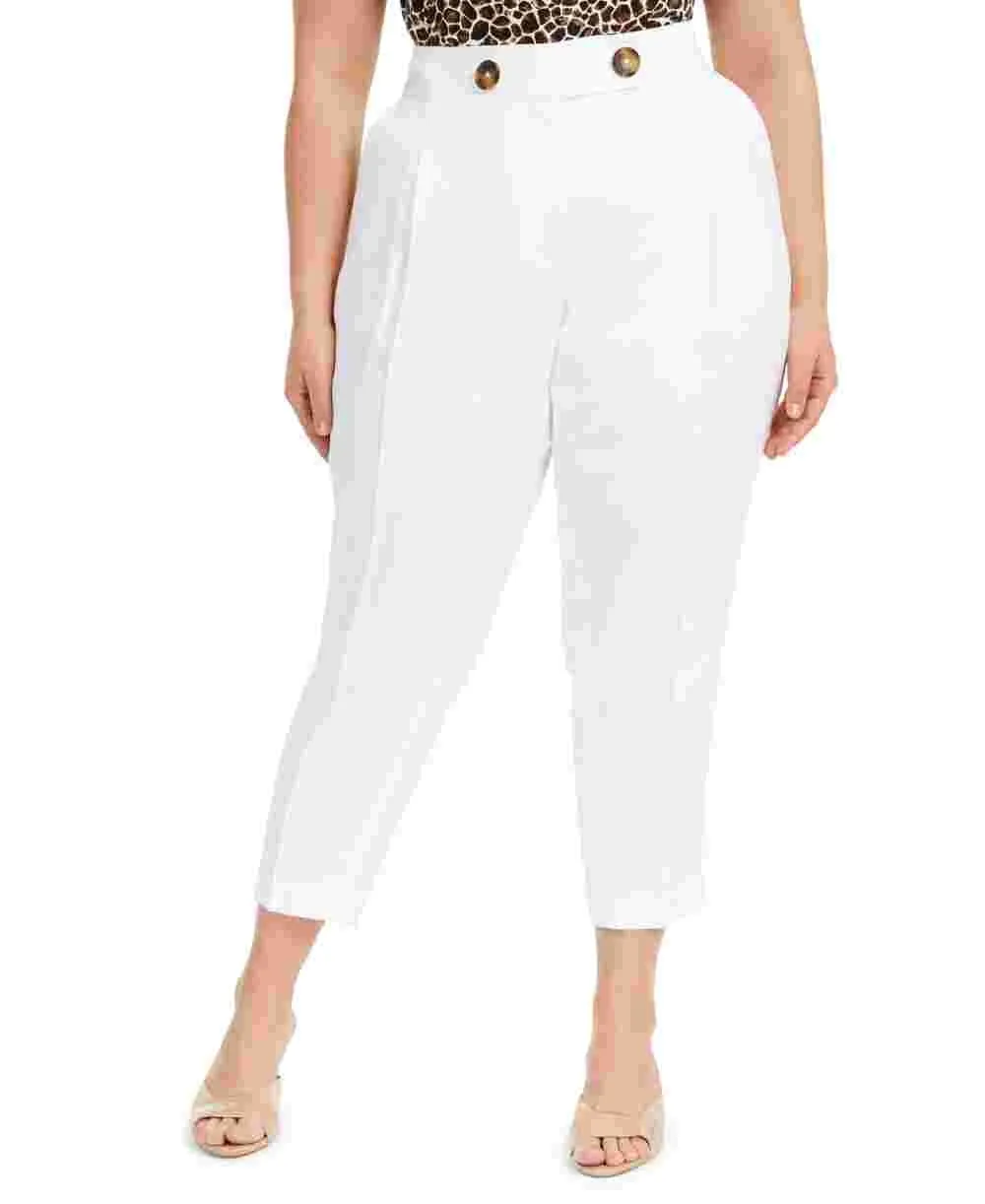Calvin Klein Women's Plus Linen Blend High Waist Ankle Pants White Size 14W