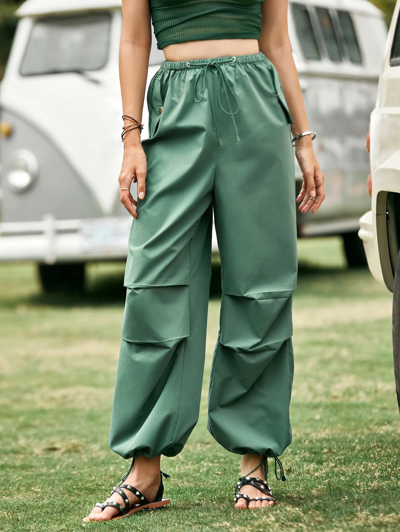 Casual Plain Grommet Eyelet High Waist Long Women Pants