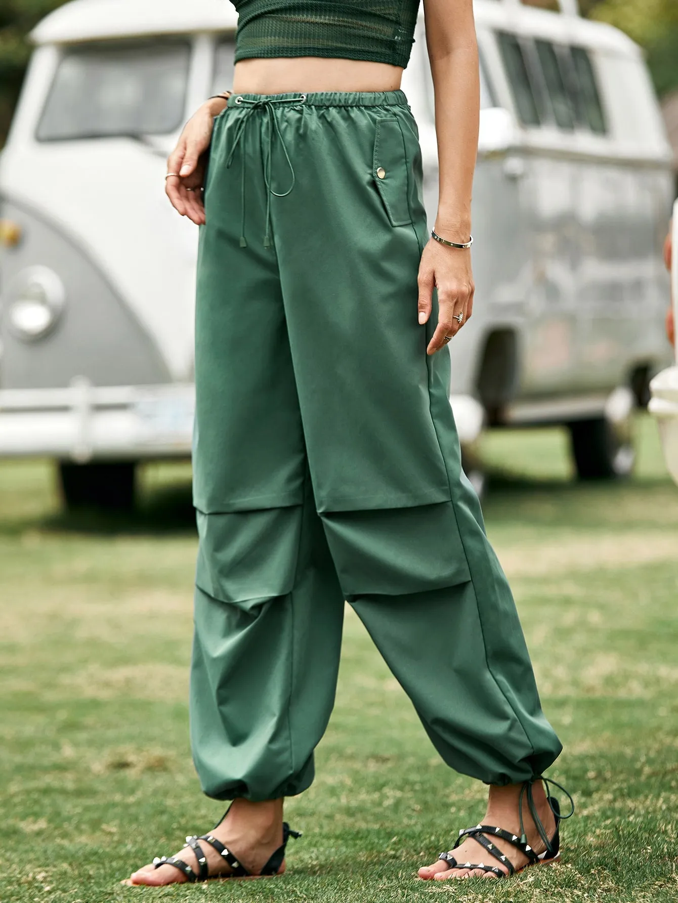 Casual Plain Grommet Eyelet High Waist Long Women Pants