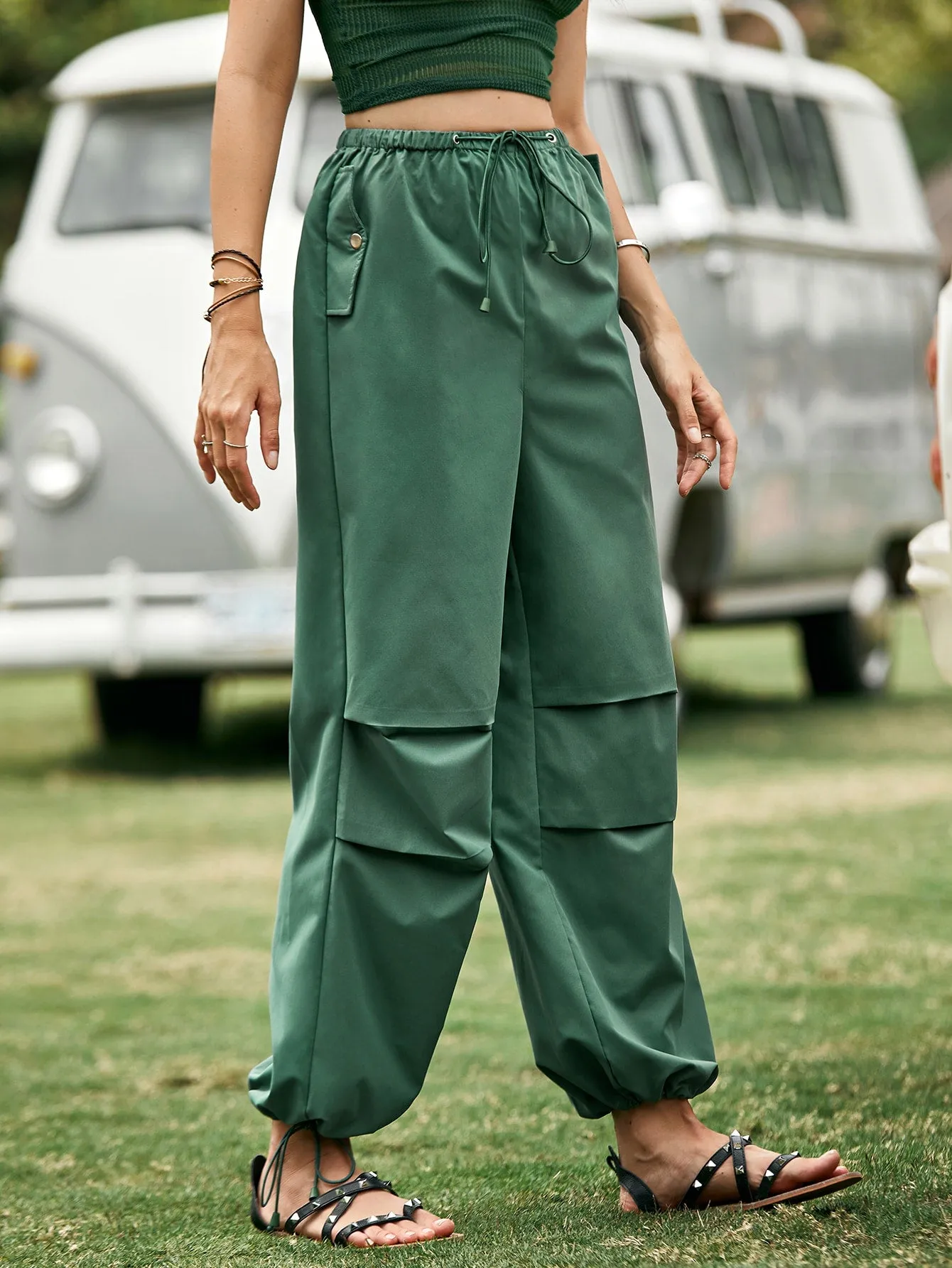 Casual Plain Grommet Eyelet High Waist Long Women Pants