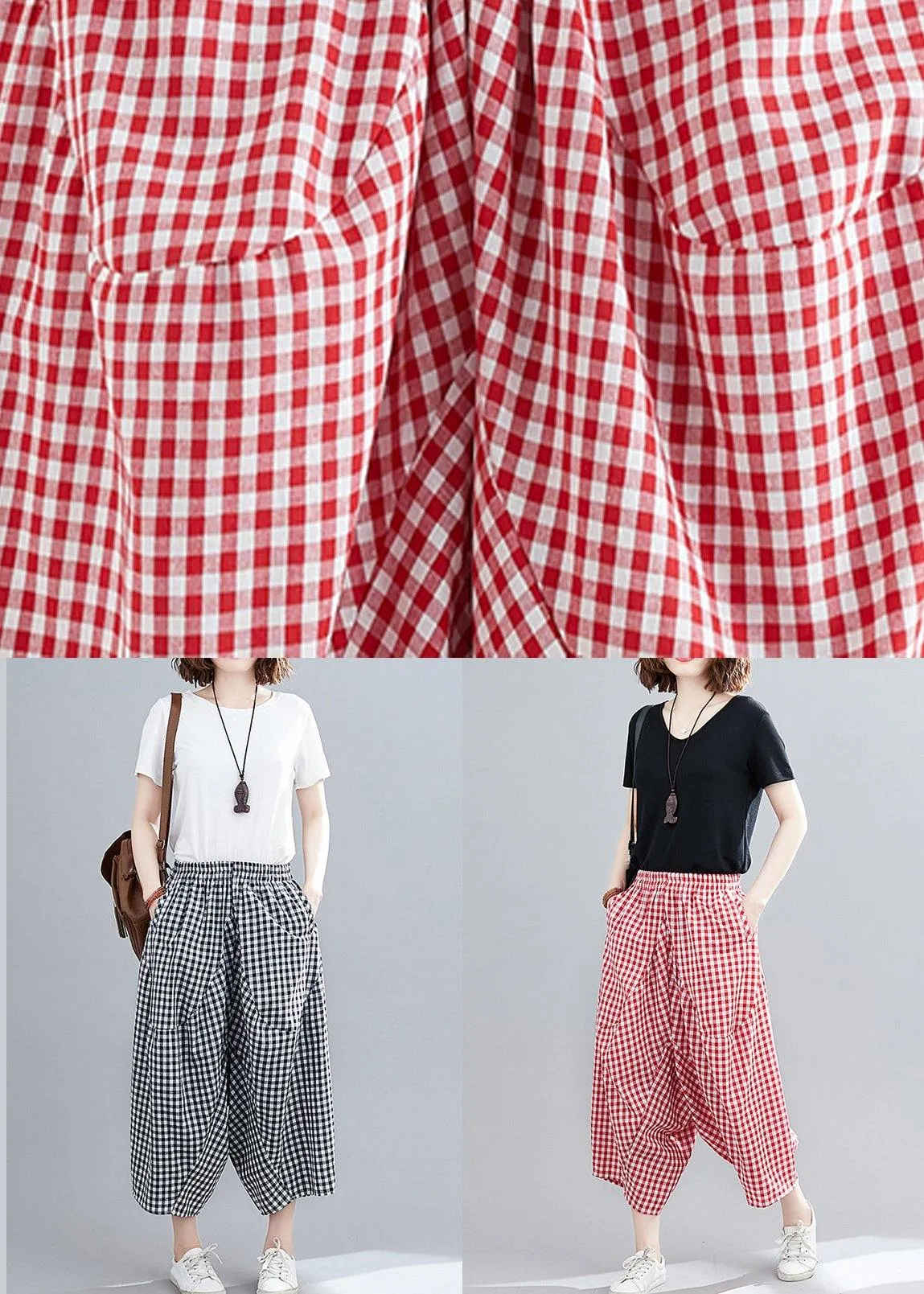 Casual Red Plaid Large Women's Elastic Waist Pants