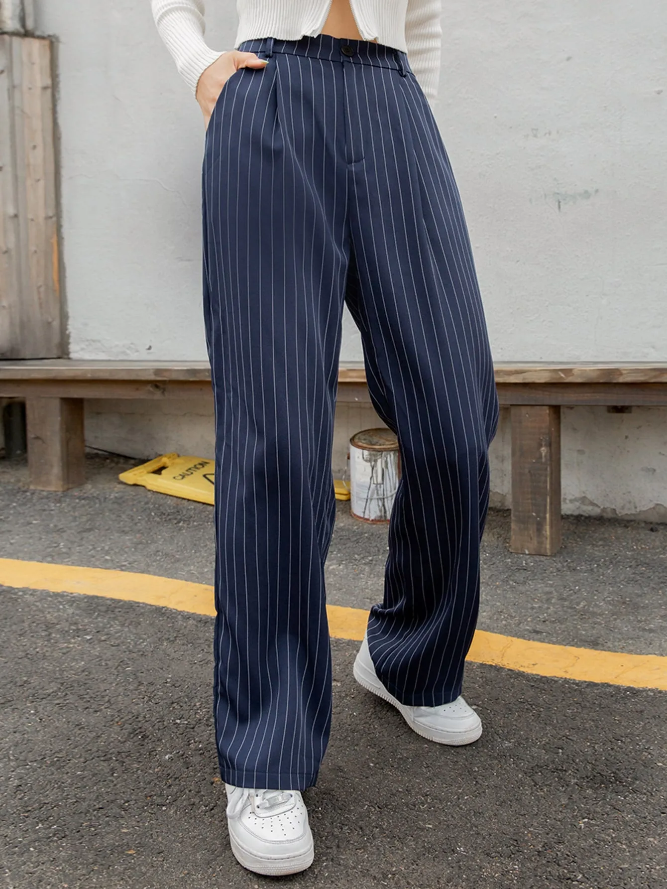 Casual Striped Pocket High Waist Long Women Pants