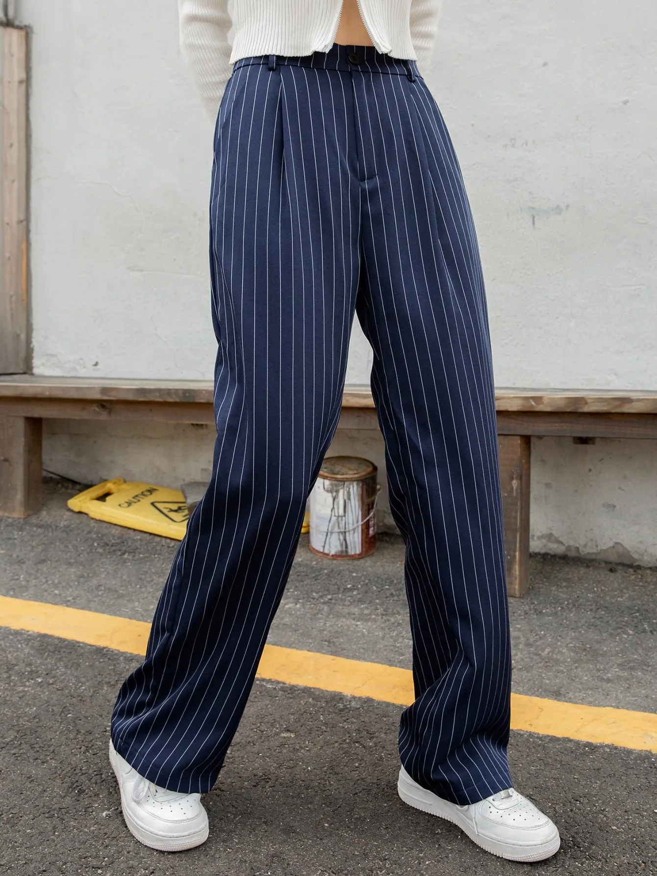 Casual Striped Pocket High Waist Long Women Pants