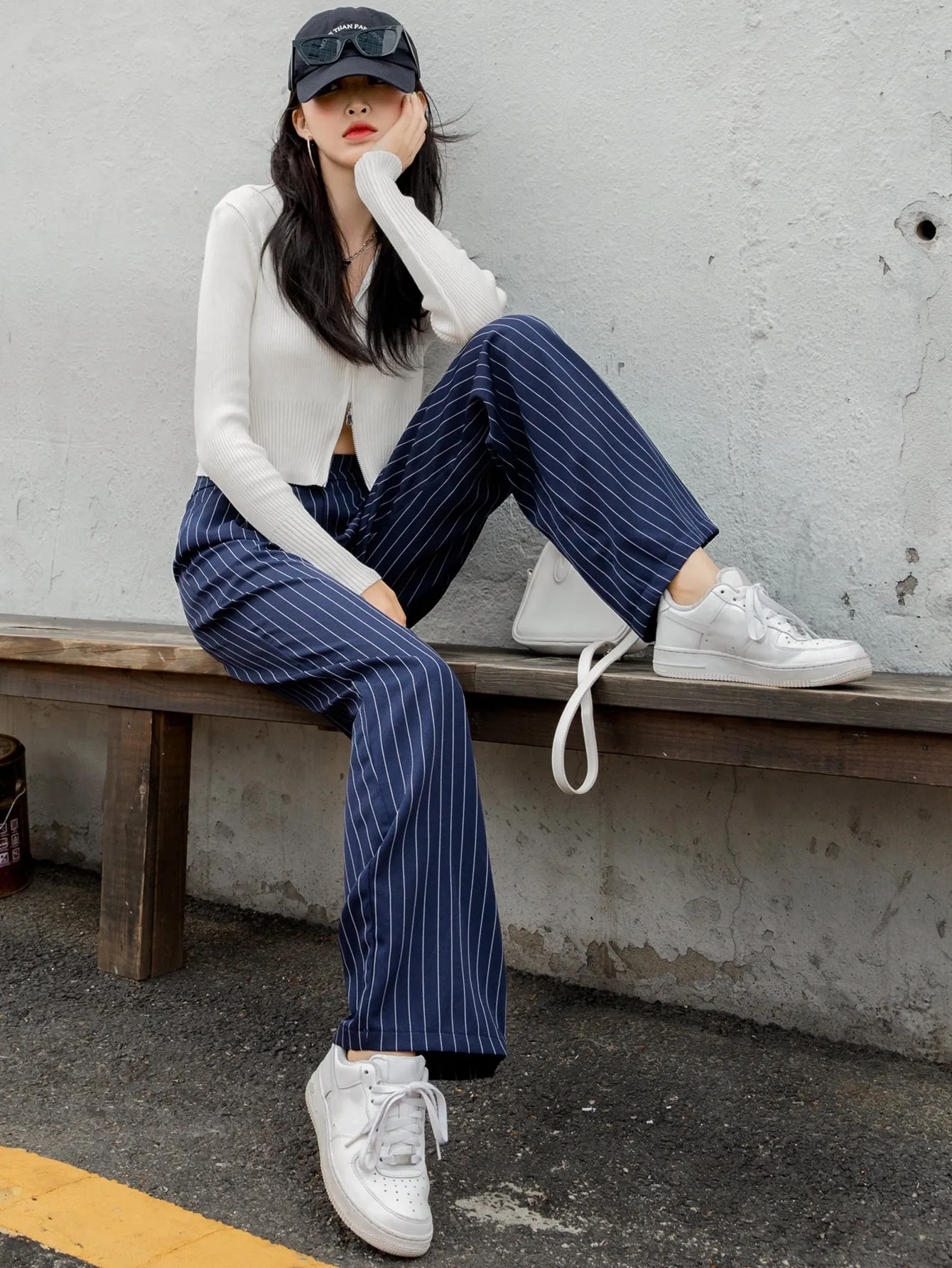 Casual Striped Pocket High Waist Long Women Pants