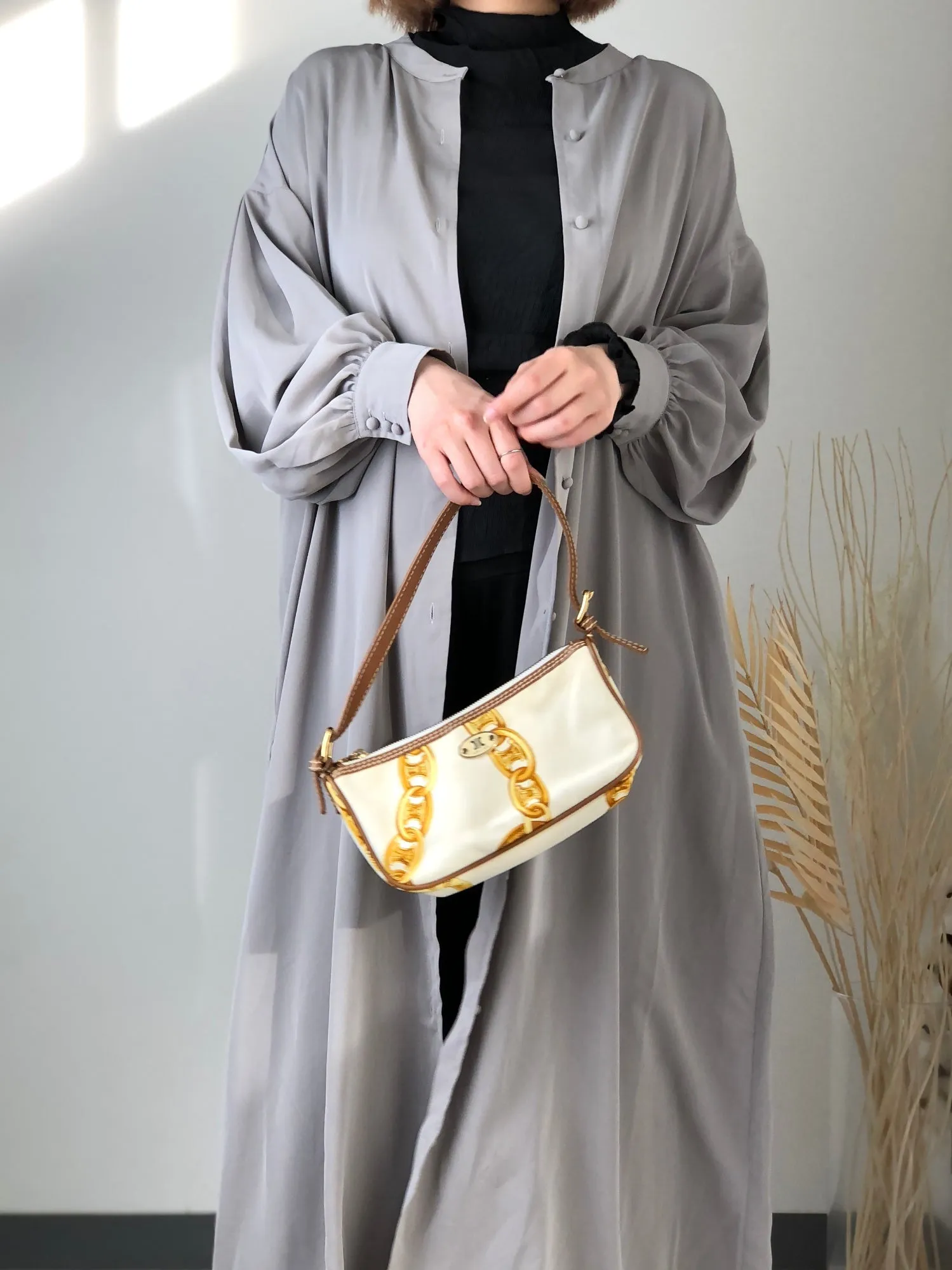 CELINE Blason Canvas Leather Handbag White Vintage  vzzbsd