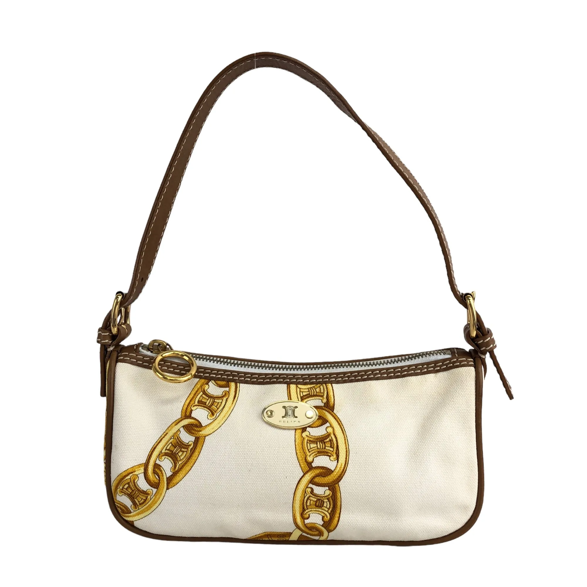 CELINE Blason Canvas Leather Handbag White Vintage  vzzbsd