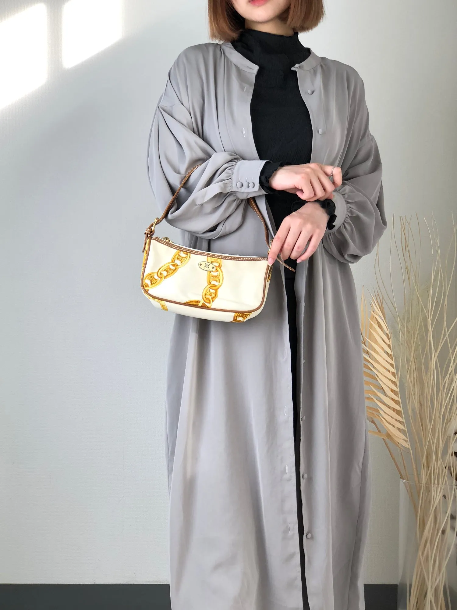 CELINE Blason Canvas Leather Handbag White Vintage  vzzbsd