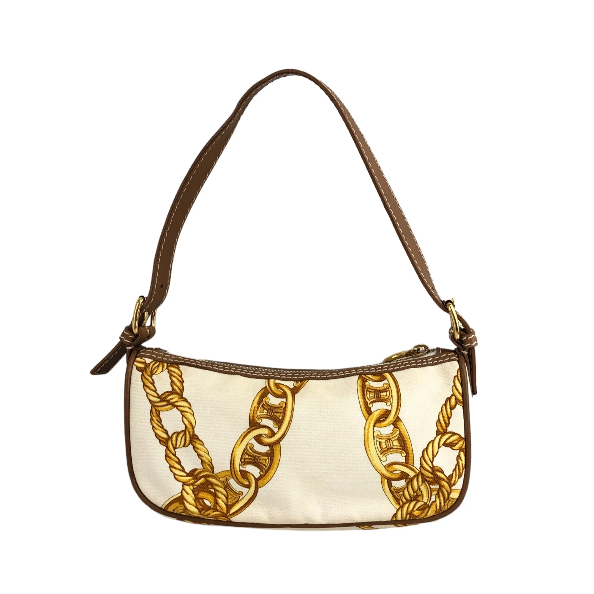 CELINE Blason Canvas Leather Handbag White Vintage  vzzbsd