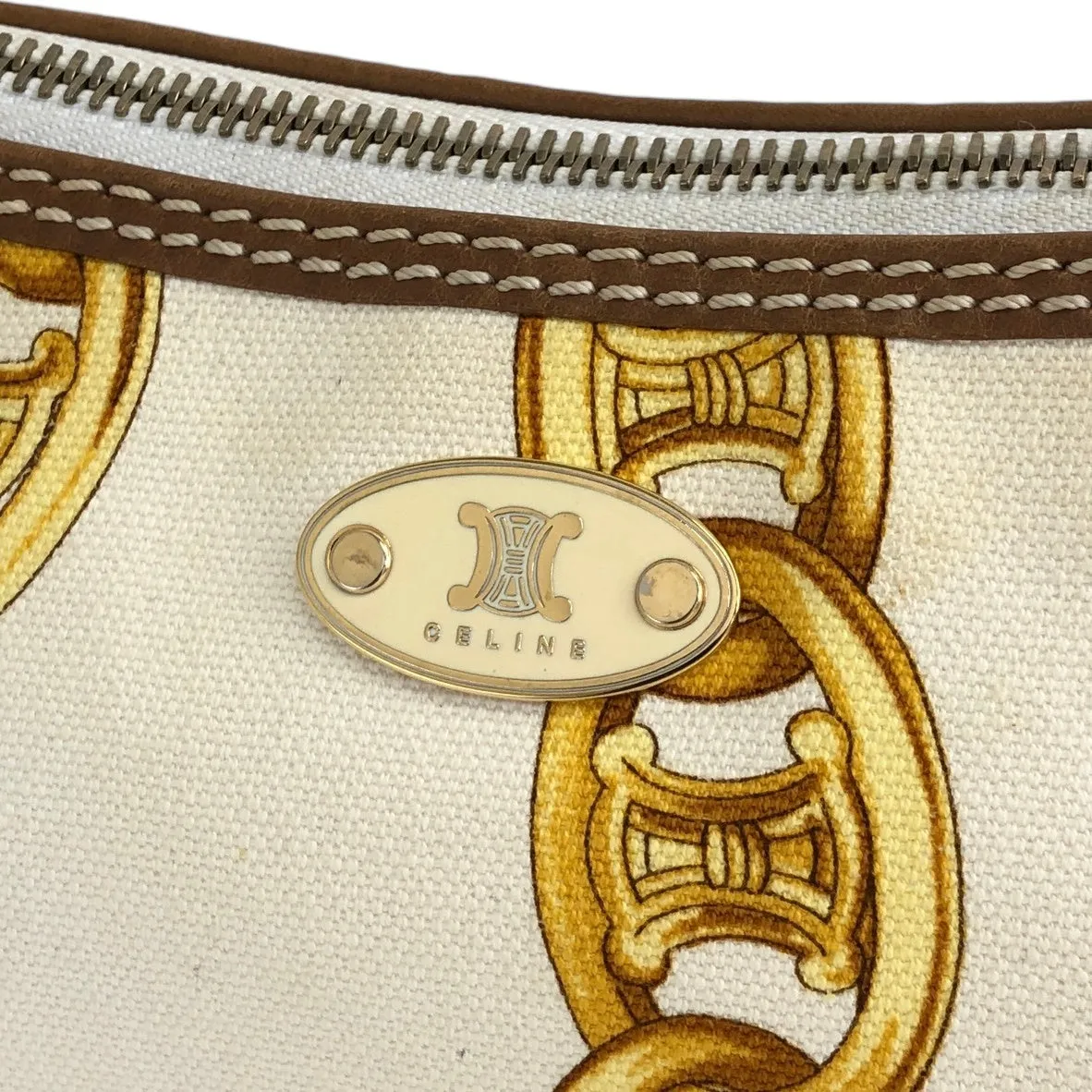 CELINE Blason Canvas Leather Handbag White Vintage  vzzbsd