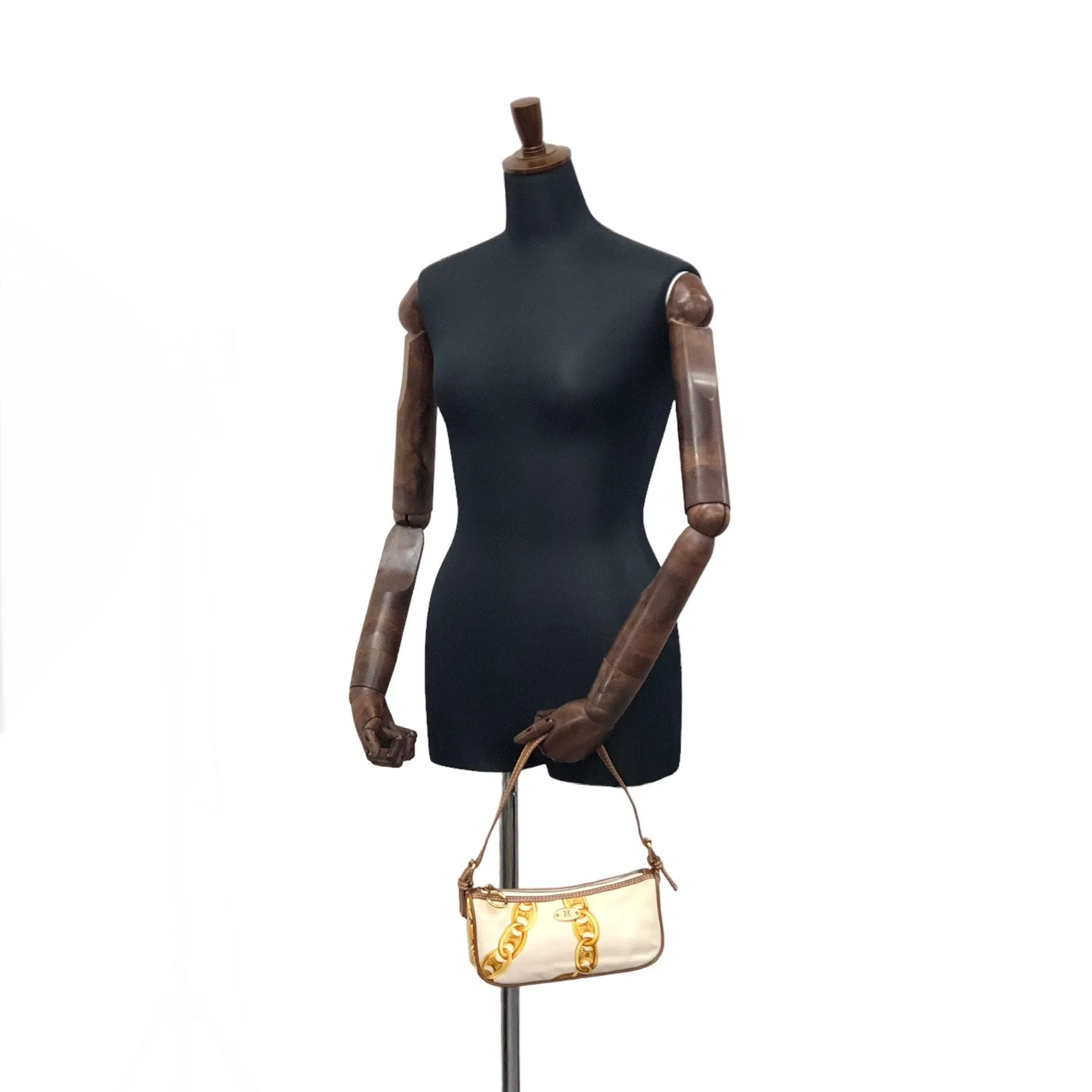 CELINE Blason Canvas Leather Handbag White Vintage  vzzbsd