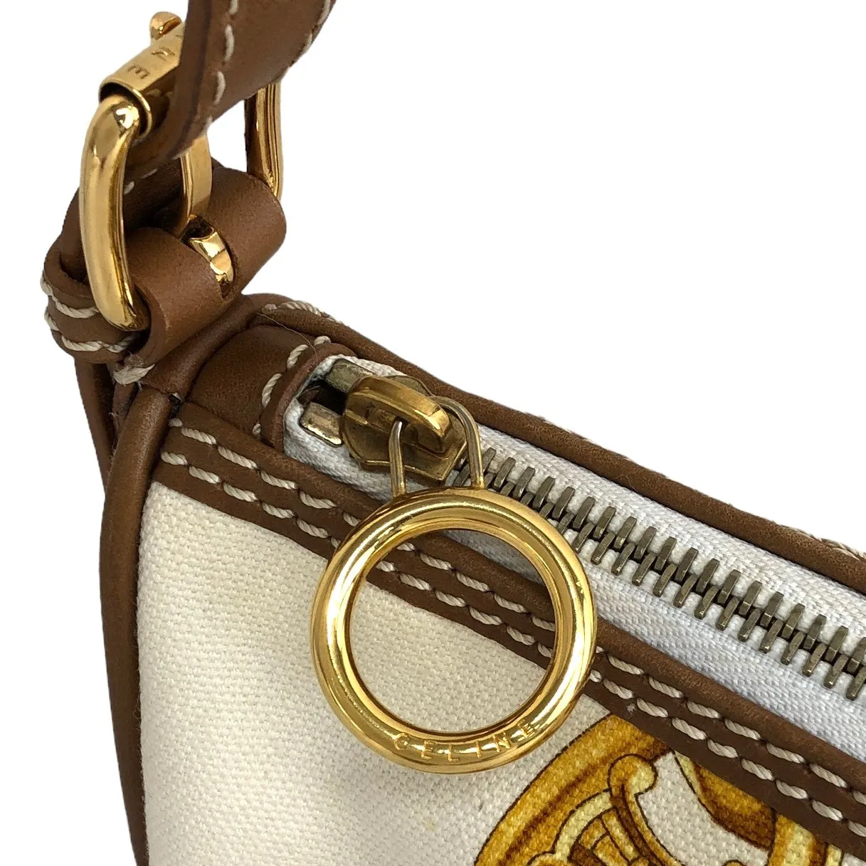 CELINE Blason Canvas Leather Handbag White Vintage  vzzbsd