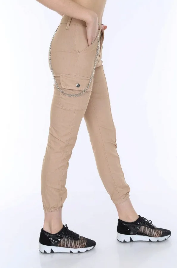 Chain Detail Slim Fit Stretchy Beige Cargo Trousers