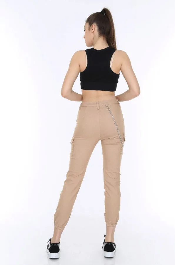 Chain Detail Slim Fit Stretchy Beige Cargo Trousers