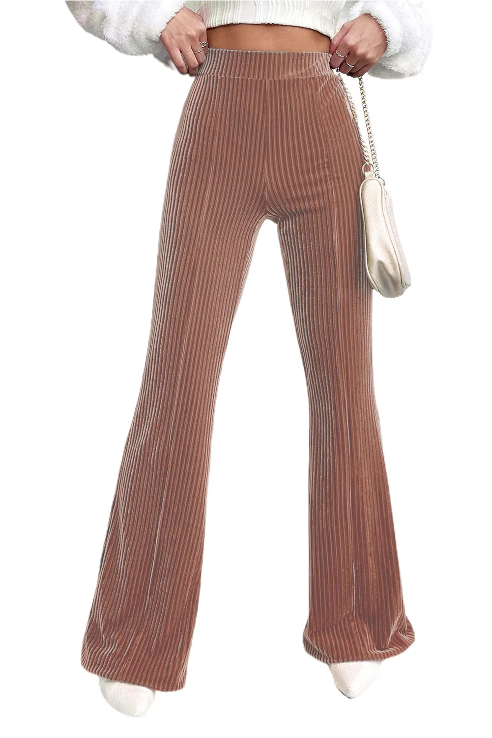 Chestnut Solid Color High Waist Flare Corduroy Pants