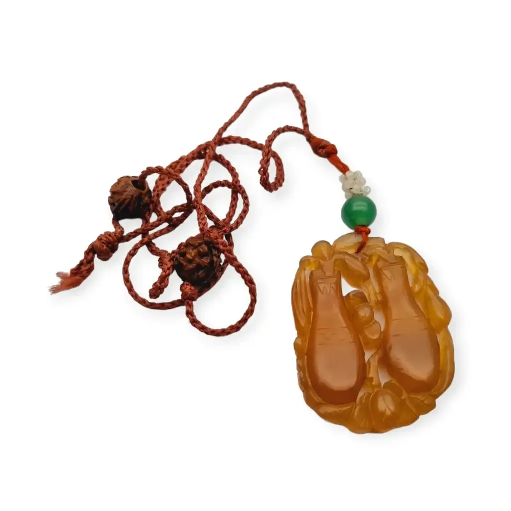 Chinese orange jadeite jade necklace with two vases, carved on both sides.