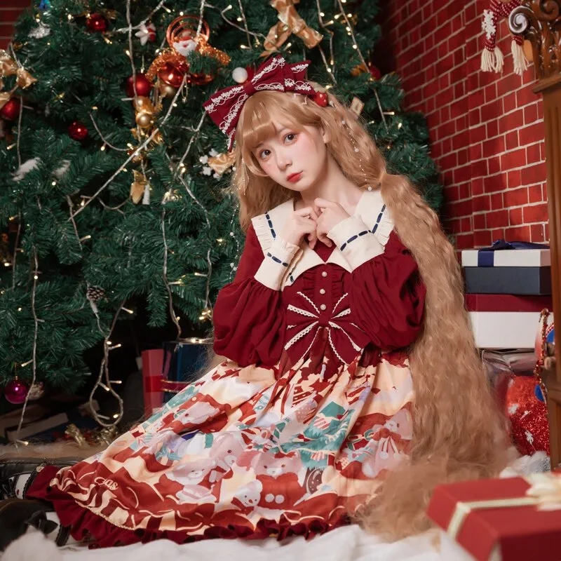 Christmas Bear ~ Sweet High Waist Long Sleeve Lolita Dress