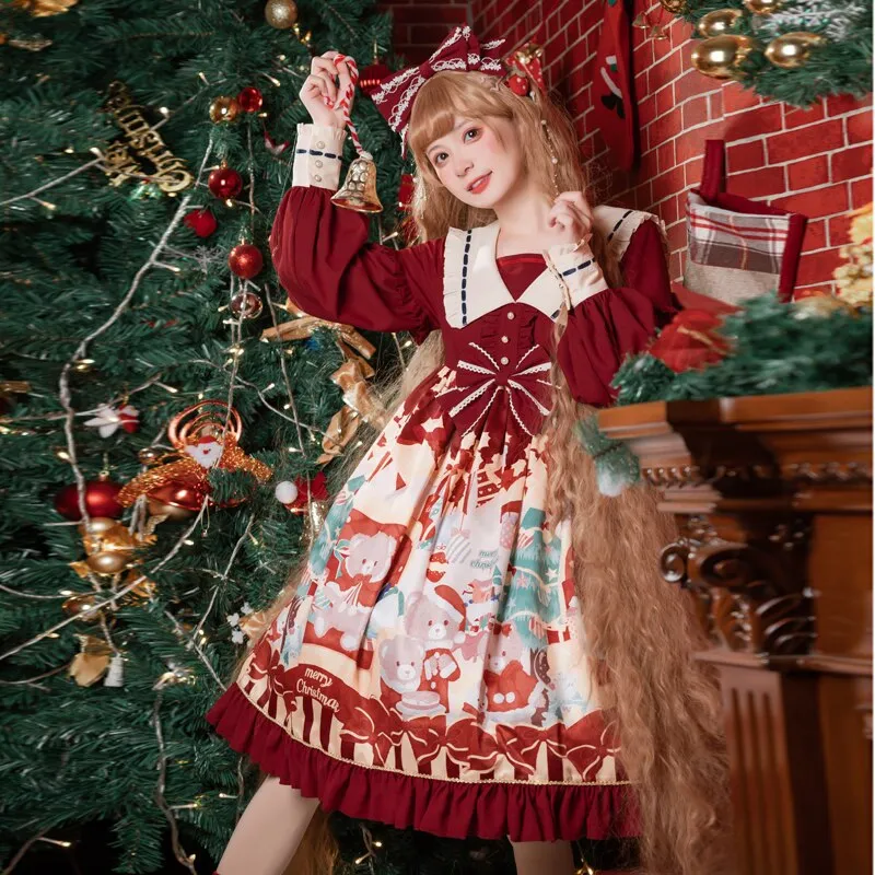 Christmas Bear ~ Sweet High Waist Long Sleeve Lolita Dress