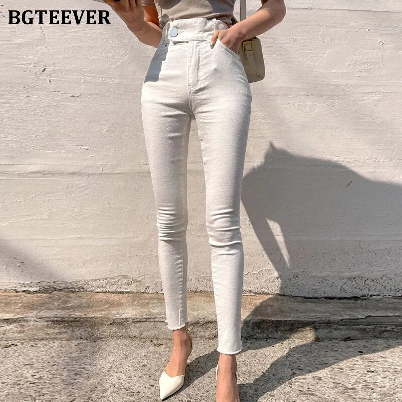 Christmas Gift Joskaa New Spring Fashion Single Button Women Solid Pencil Jeans High Waist Slim Female Skinny Stretched Denim Pants 2024