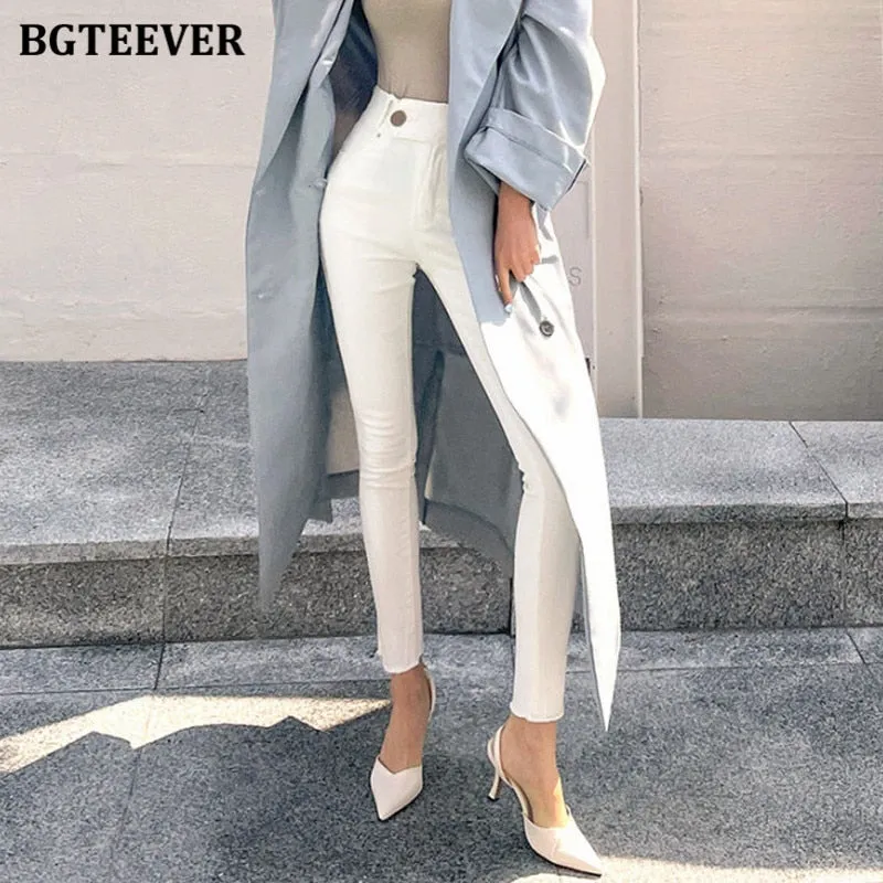 Christmas Gift Joskaa New Spring Fashion Single Button Women Solid Pencil Jeans High Waist Slim Female Skinny Stretched Denim Pants 2024