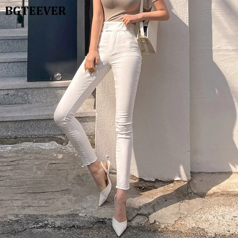 Christmas Gift Joskaa New Spring Fashion Single Button Women Solid Pencil Jeans High Waist Slim Female Skinny Stretched Denim Pants 2024