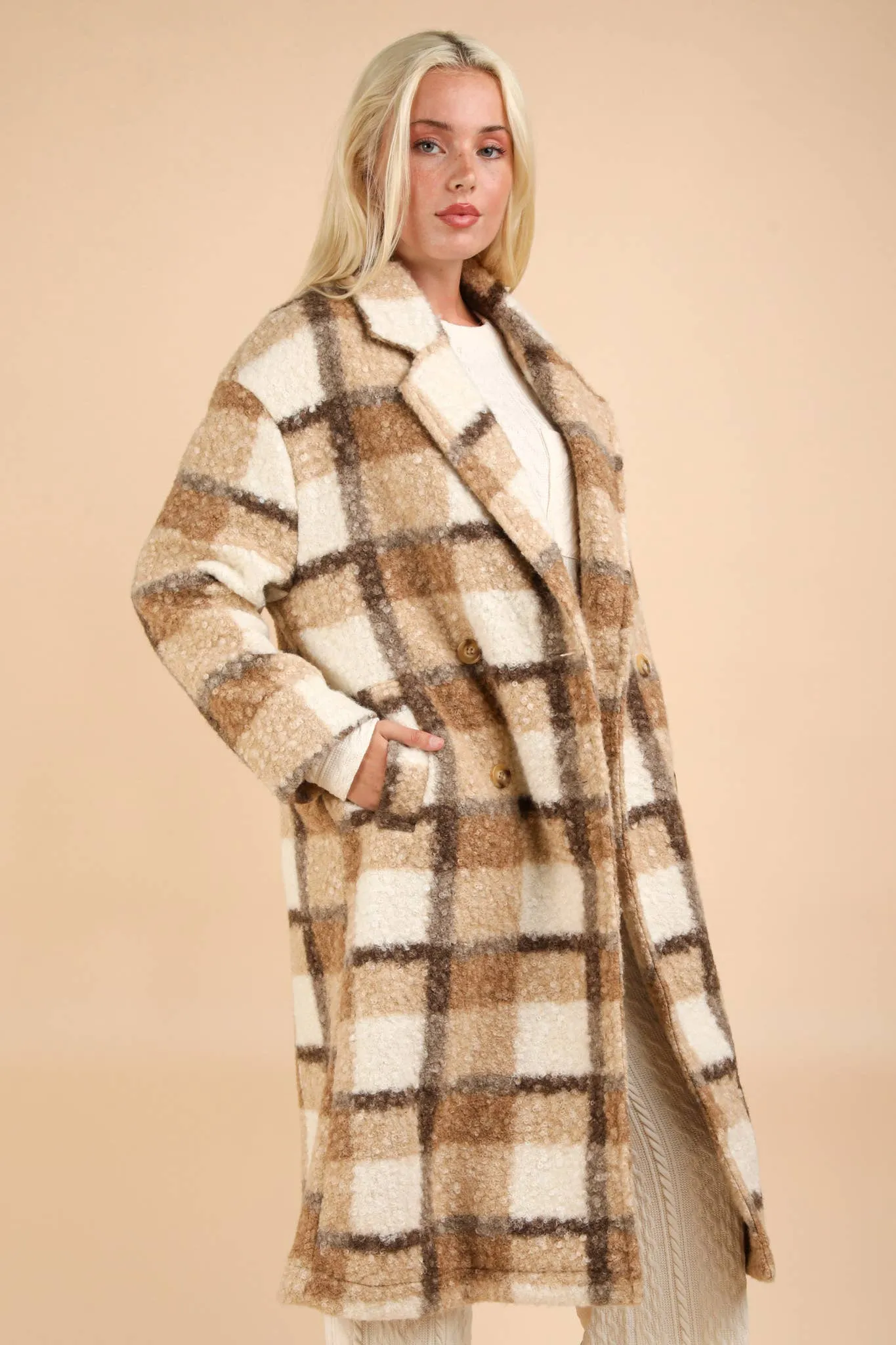 City Style Plaid Fuzzy Button Down Coat: Mocha