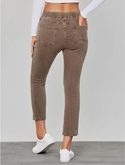 Coffee Brown - Acid Wash Women's High Waisted Elastic Slight Stretch Denim Pull On Cuffed Hem Capri Jeans Denim Pants
