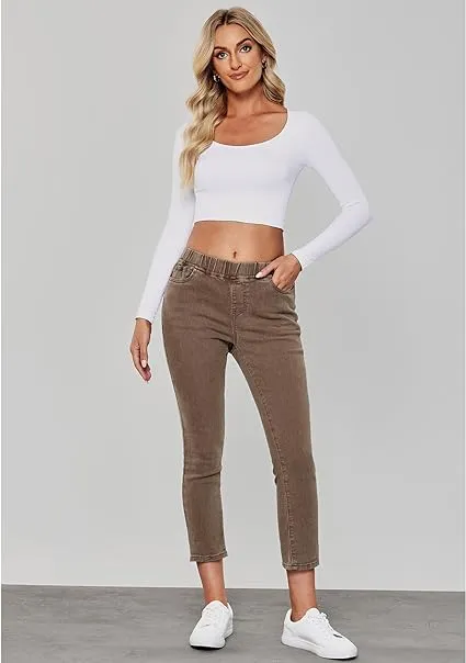 Coffee Brown - Acid Wash Women's High Waisted Elastic Slight Stretch Denim Pull On Cuffed Hem Capri Jeans Denim Pants