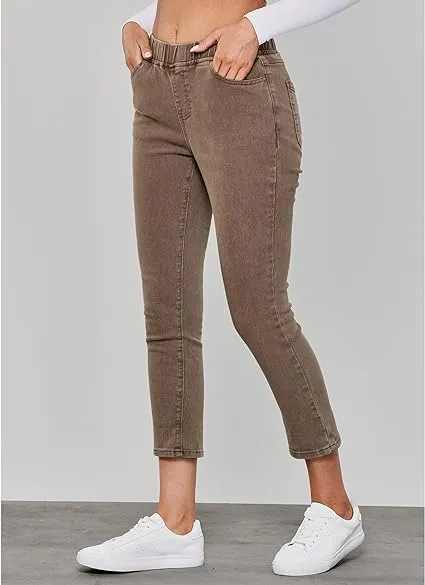 Coffee Brown - Acid Wash Women's High Waisted Elastic Slight Stretch Denim Pull On Cuffed Hem Capri Jeans Denim Pants