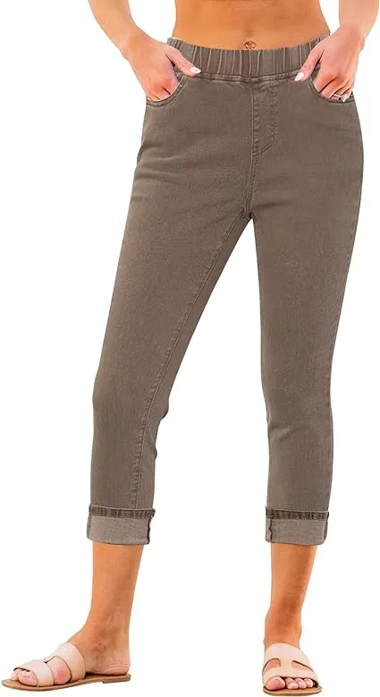 Coffee Brown - Acid Wash Women's High Waisted Elastic Slight Stretch Denim Pull On Cuffed Hem Capri Jeans Denim Pants