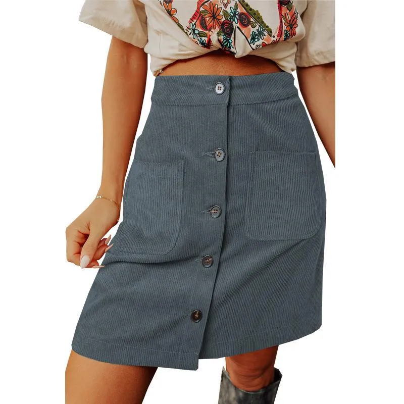 Corduroy Distressed High Waist Breasted Design Skirt
