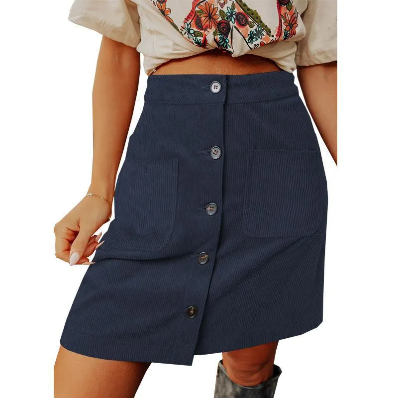 Corduroy Distressed High Waist Breasted Design Skirt