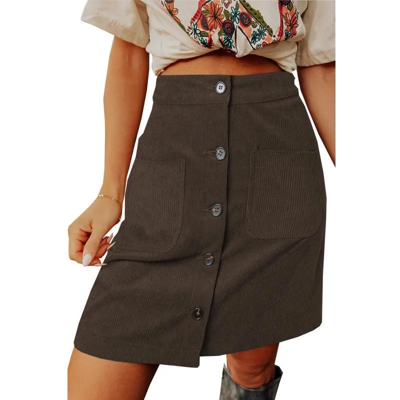 Corduroy Distressed High Waist Breasted Design Skirt