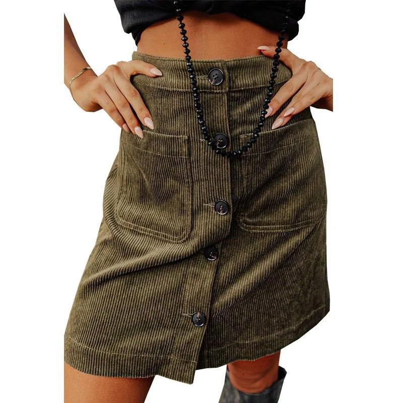 Corduroy Distressed High Waist Breasted Design Skirt