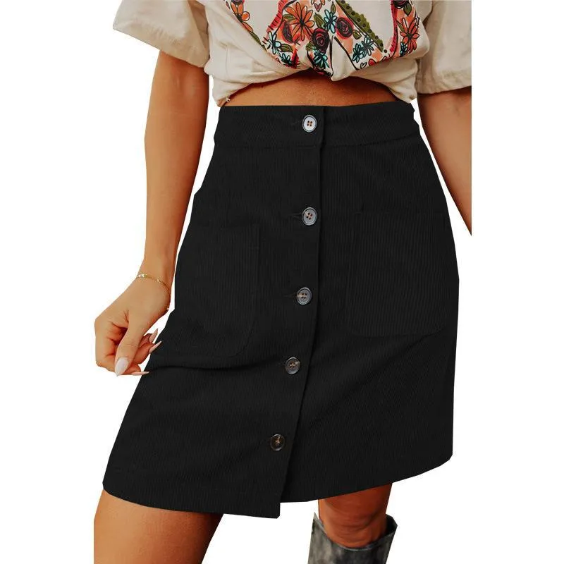 Corduroy Distressed High Waist Breasted Design Skirt