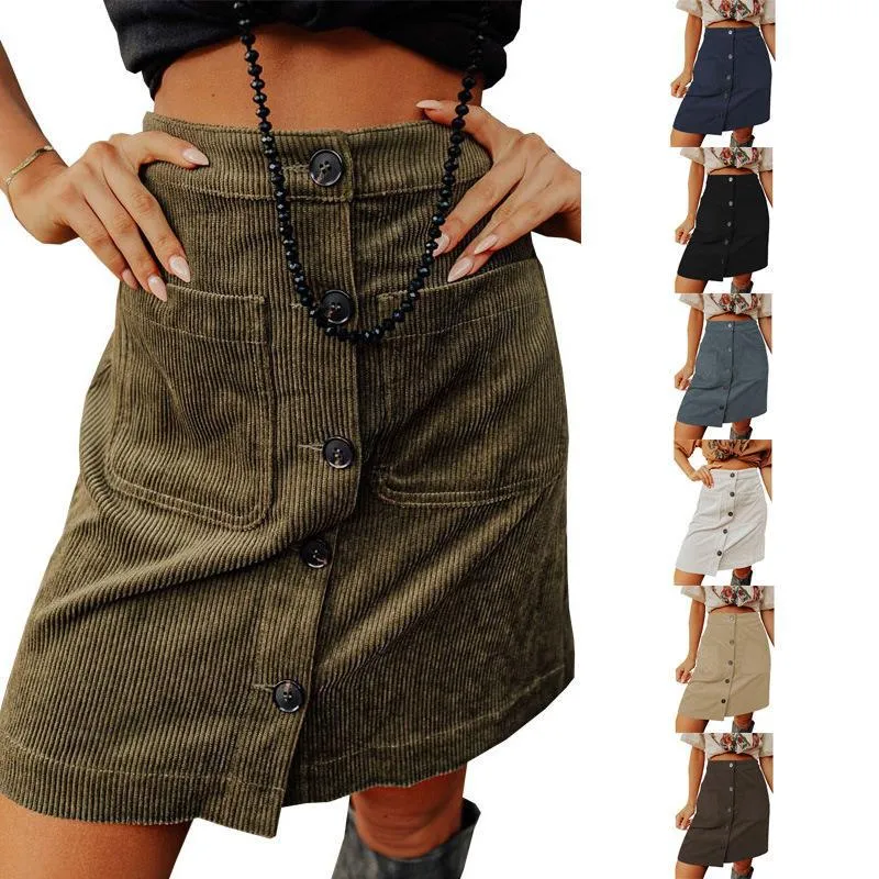 Corduroy Distressed High Waist Breasted Design Skirt